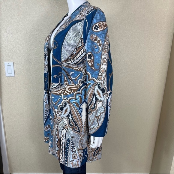 Chicos Faux Suede Jacket Paisley Sz 1 US 8 Medium Blue Beige Open Front Duster - Picture 6 of 15